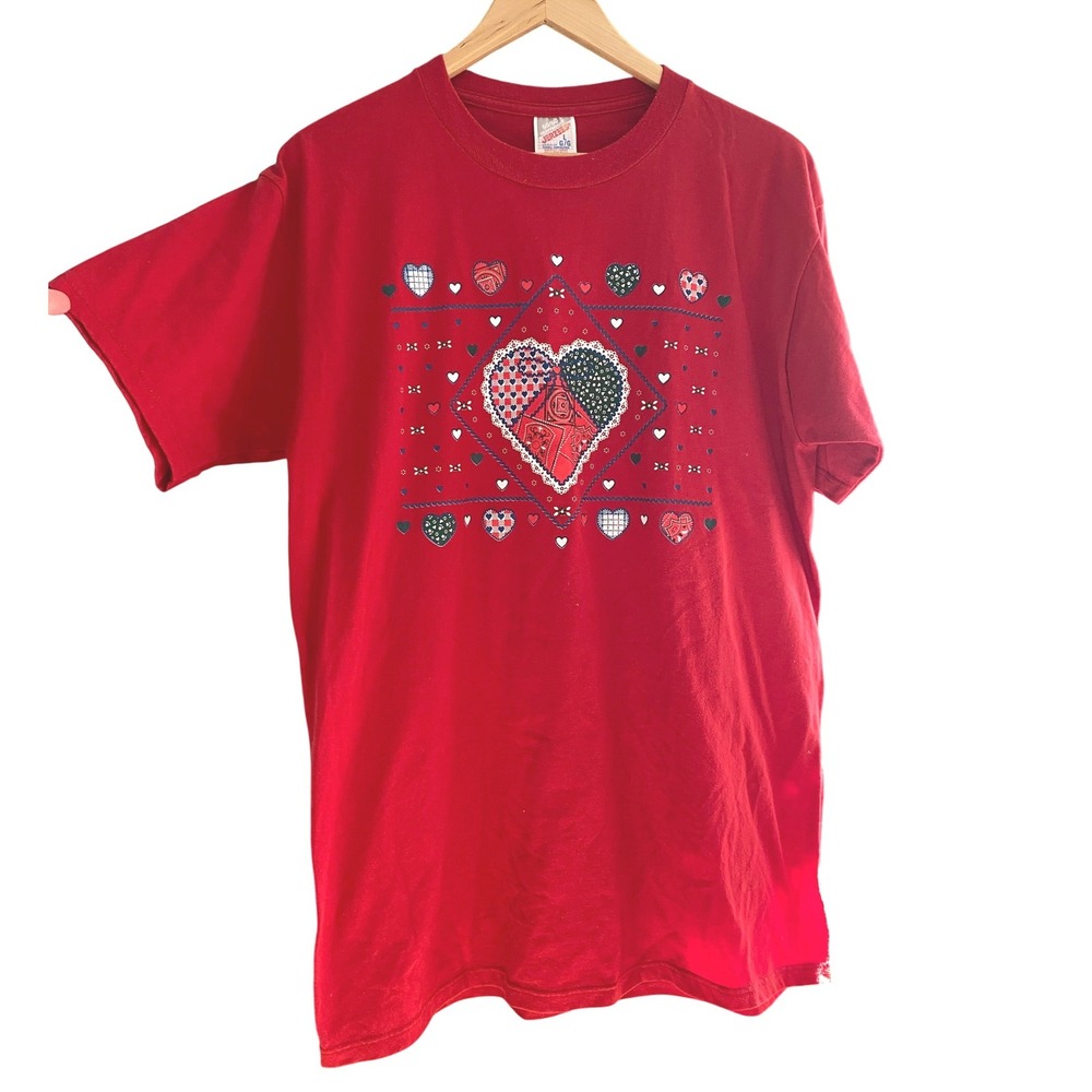 Vintage 1970's Patchwork Quilt Red Tee Shirt‎ Large Gingham Grandma Lace Dainty